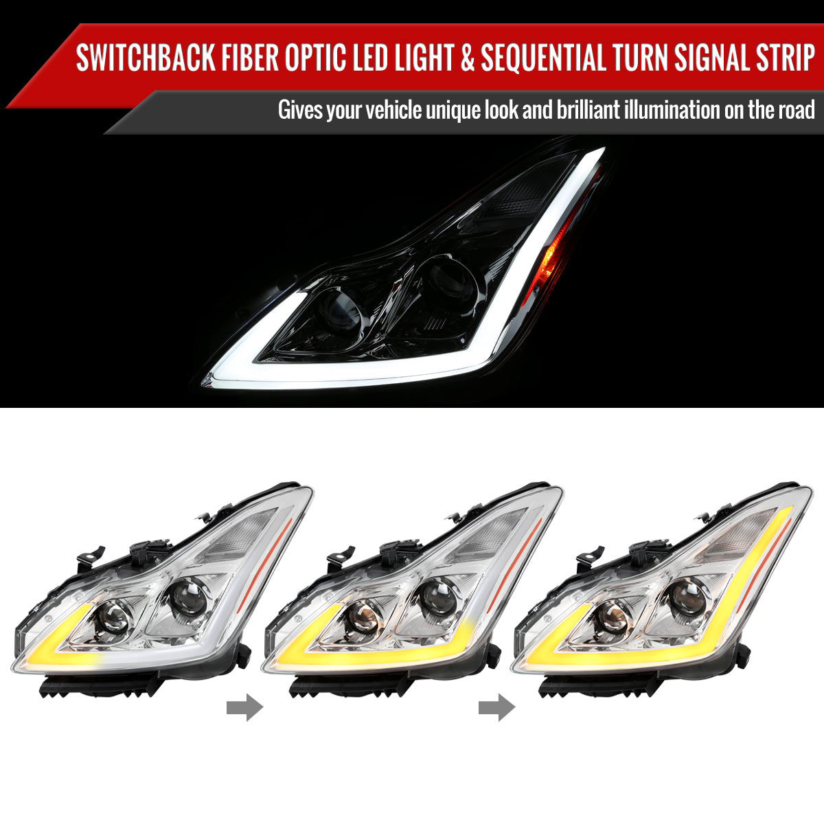Chrome Spec-D LED Sequential Headlights for G37 Coupe - Chrome Housing/Clear Lens - Competition Use, Cosmetic, Coupe,