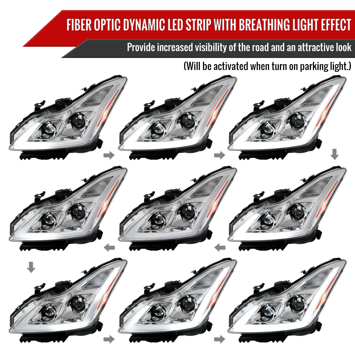 Chrome Spec-D LED Sequential Headlights for G37 Coupe - Chrome Housing/Clear Lens - Competition Use, Cosmetic, Coupe,