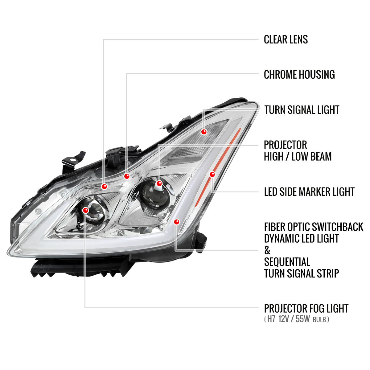 Chrome Spec-D LED Sequential Headlights for G37 Coupe - Chrome Housing/Clear Lens - Competition Use, Cosmetic, Coupe,