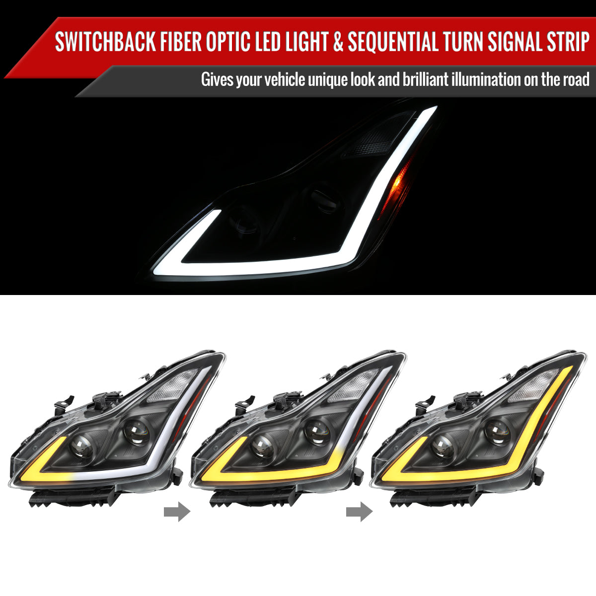Black/Clear Lens Spec-D LED Sequential Headlights for G37 Coupe - Black Housing/Clear Lens - Competition Use, Cosmetic,