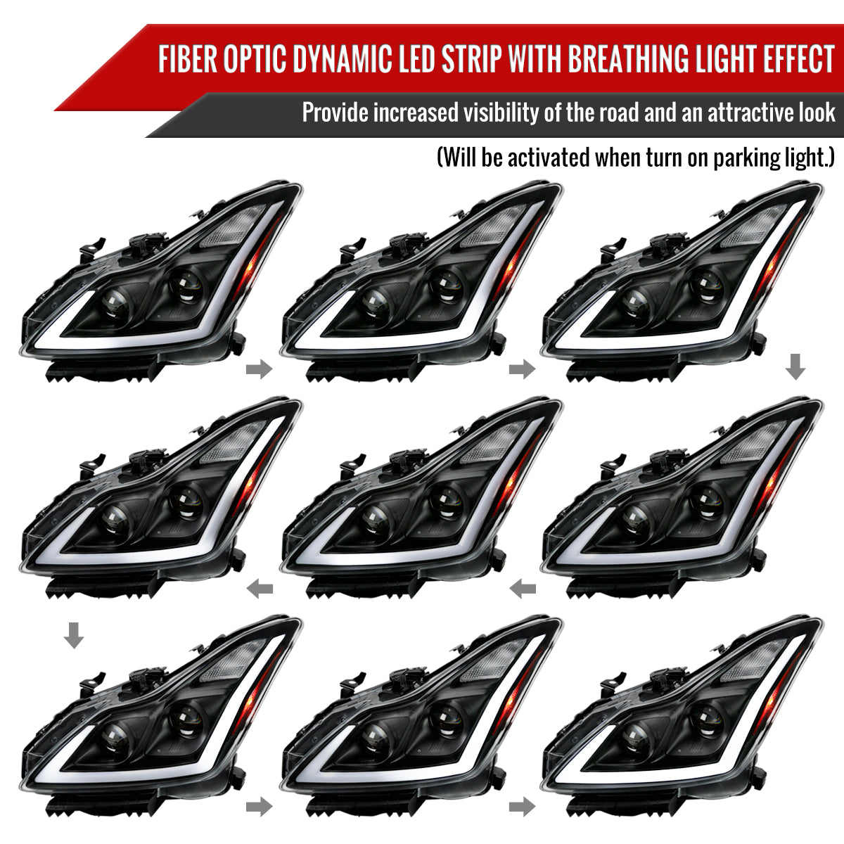 Black/Clear Lens Spec-D LED Sequential Headlights for G37 Coupe - Black Housing/Clear Lens - Competition Use, Cosmetic,