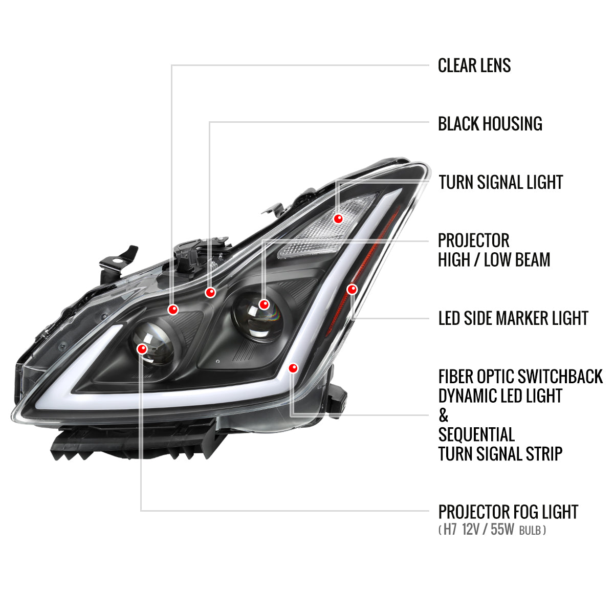 Black/Clear Lens Spec-D LED Sequential Headlights for G37 Coupe - Black Housing/Clear Lens - Competition Use, Cosmetic,