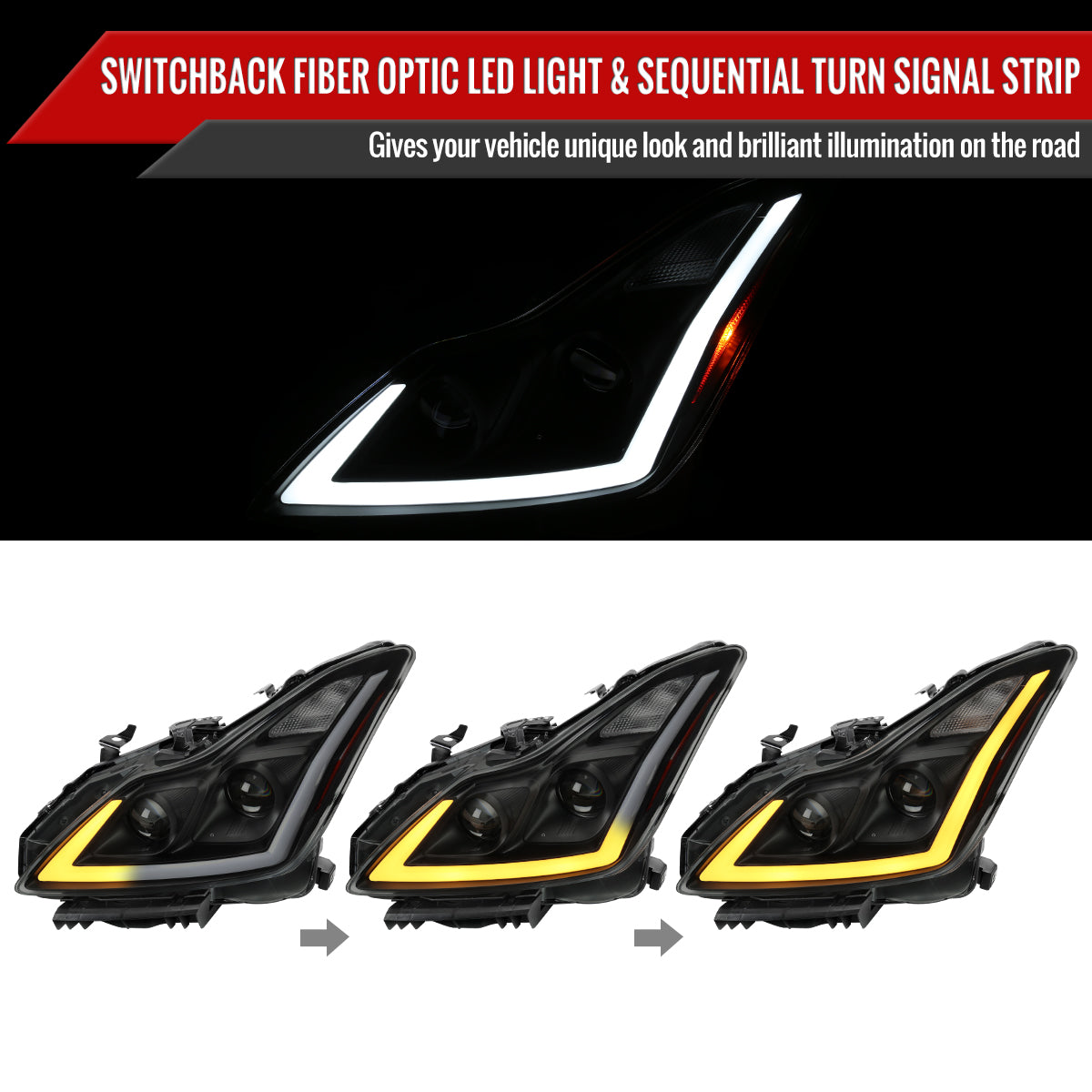 Black Smoke Spec-D LED Sequential Headlights for G37 Coupe - Black Housing/Smoked Lens - Competition Use, Cosmetic,