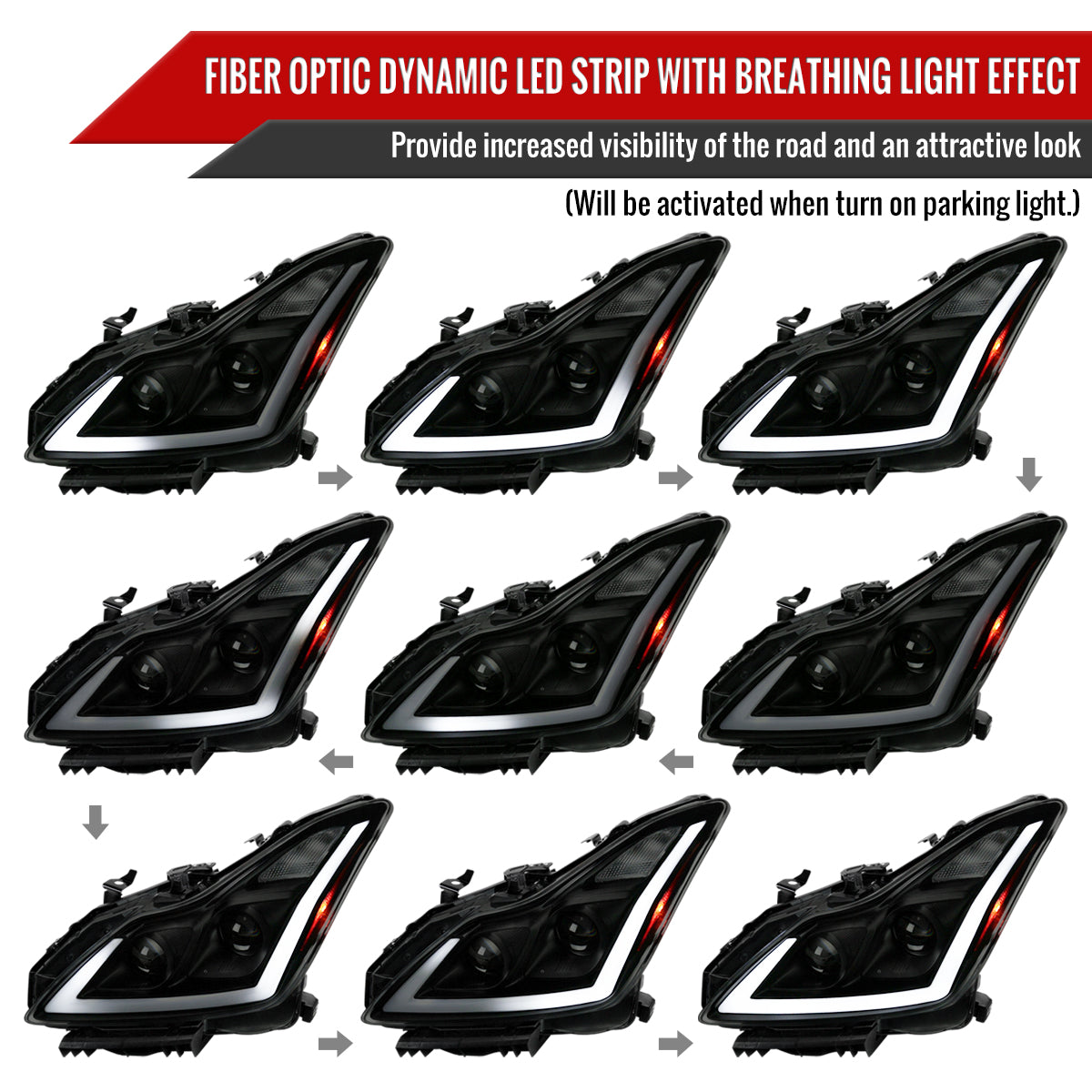 Black Smoke Spec-D LED Sequential Headlights for G37 Coupe - Black Housing/Smoked Lens - Competition Use, Cosmetic,
