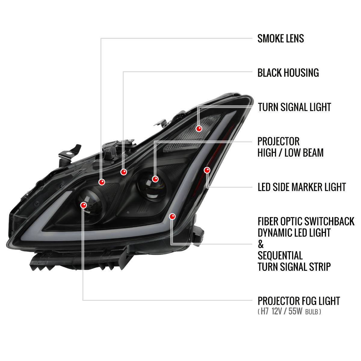 Black Smoke Spec-D LED Sequential Headlights for G37 Coupe - Black Housing/Smoked Lens - Competition Use, Cosmetic,