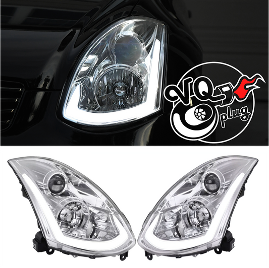 Chrome Spec-D LED Sequential Headlights for G35 Coupe 2003-2007 - Chrome Housing/Clear Lens - Competition Use,