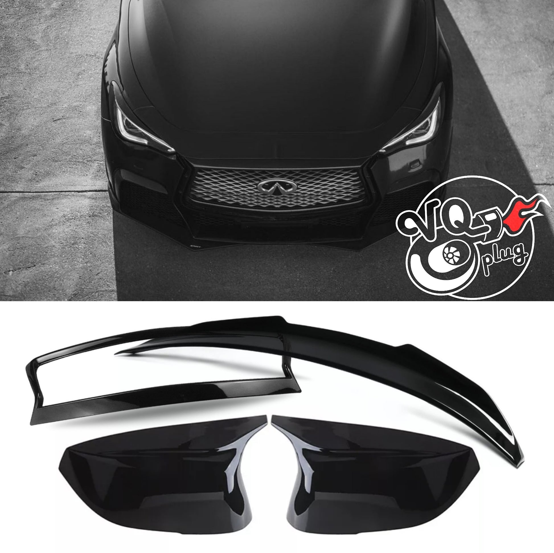 Q60 M-Style Blackout Aero Pack | Gloss Black Aero & Chrome Delete Kit for VR30 - Cosmetic, Discount $10, Ebay, Q50