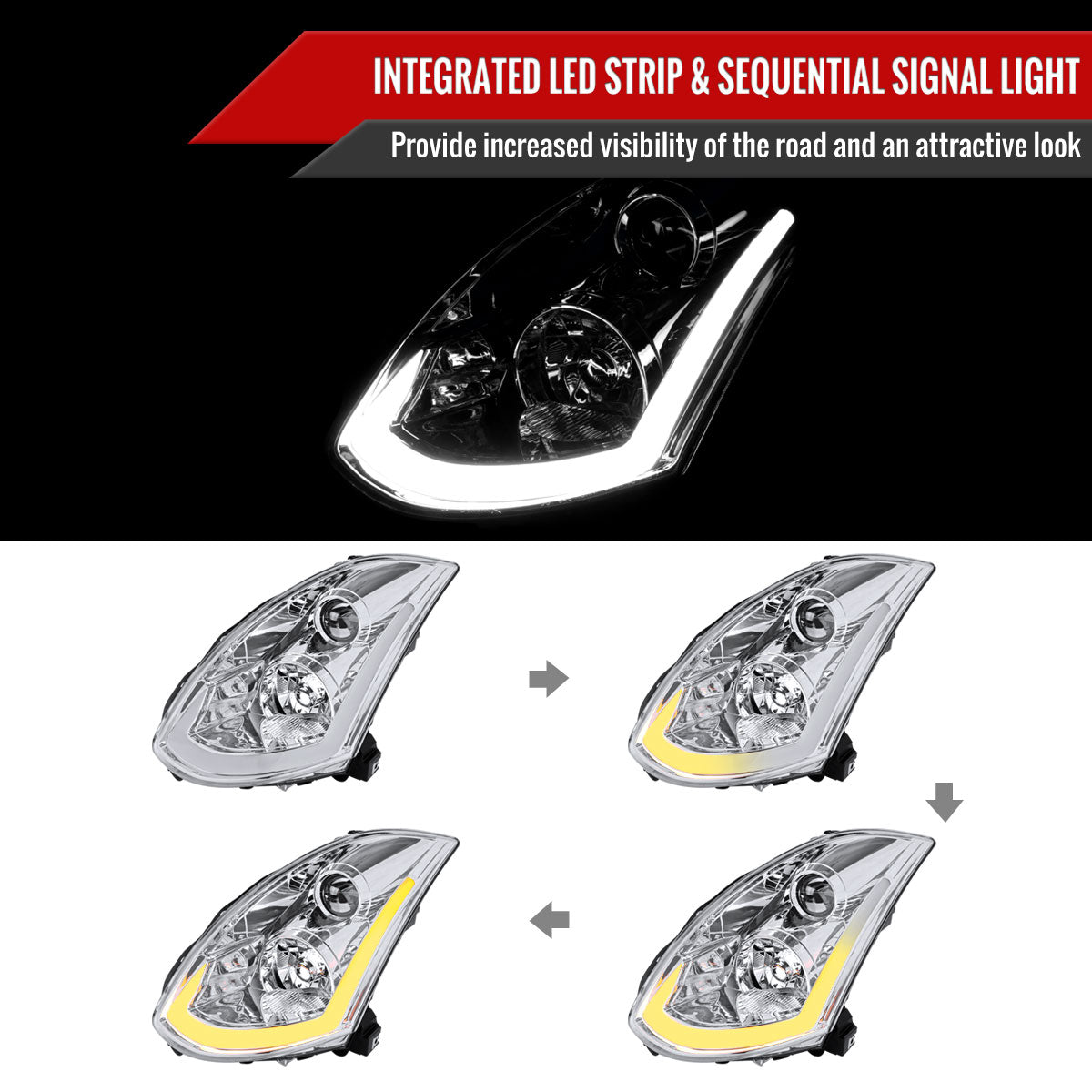 Chrome Spec-D LED Sequential Headlights for G35 Coupe 2003-2007 - Chrome Housing/Clear Lens - Competition Use,