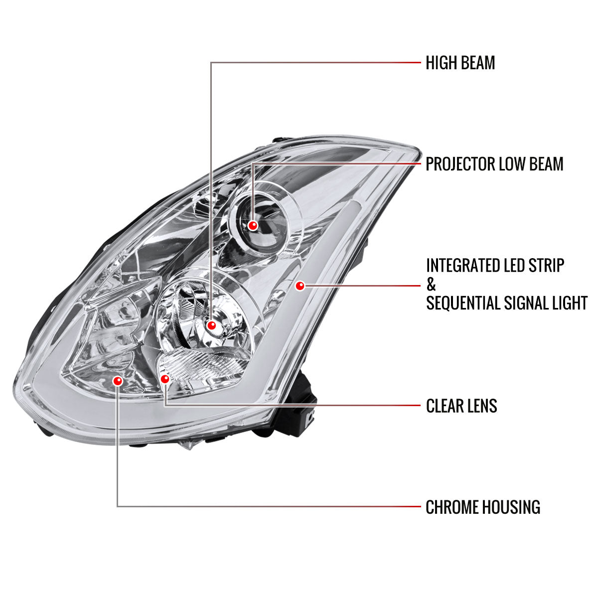 Chrome Spec-D LED Sequential Headlights for G35 Coupe 2003-2007 - Chrome Housing/Clear Lens - Competition Use,