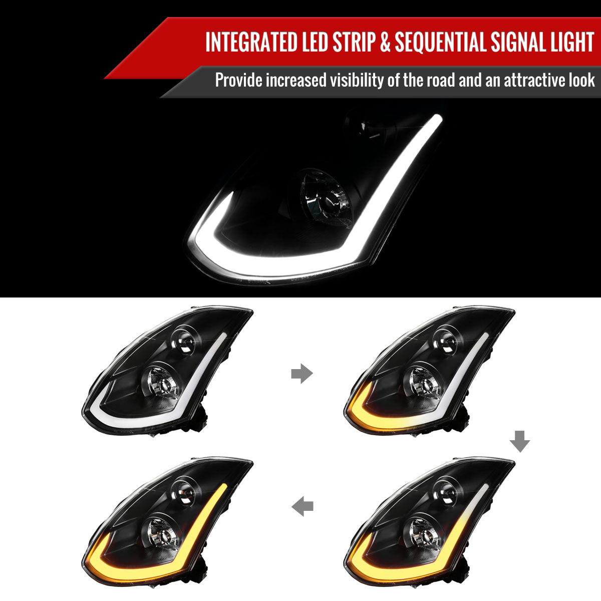 Black Spec-D LED Sequential Headlights for G35 Coupe 2003-2007 - Black Housing/Clear Lens - Competition Use, Cosmetic,