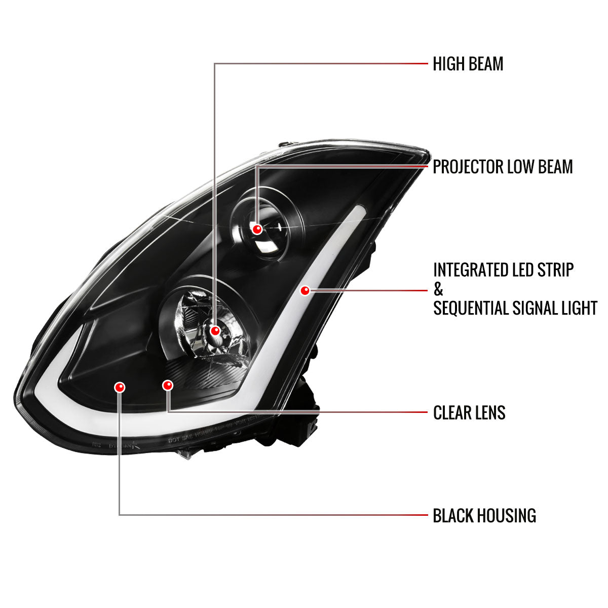 Black Spec-D LED Sequential Headlights for G35 Coupe 2003-2007 - Black Housing/Clear Lens - Competition Use, Cosmetic,