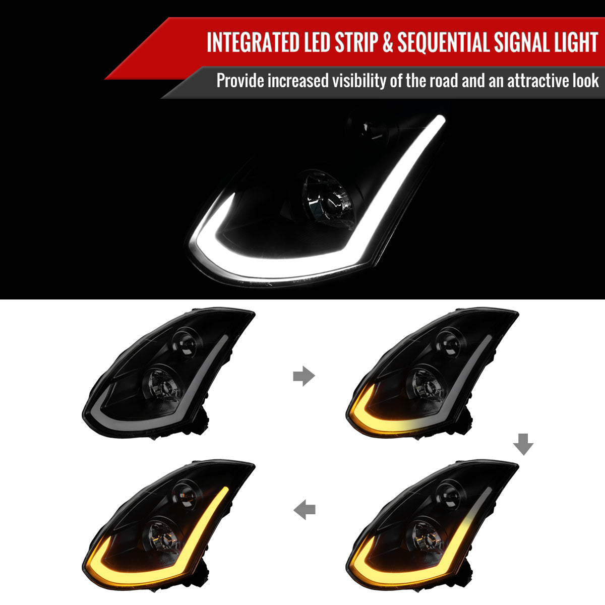 Black Smoke Spec-D LED Sequential Headlights for G35 Coupe 2003-2007 - Black Housing/Black Lens - Competition Use,