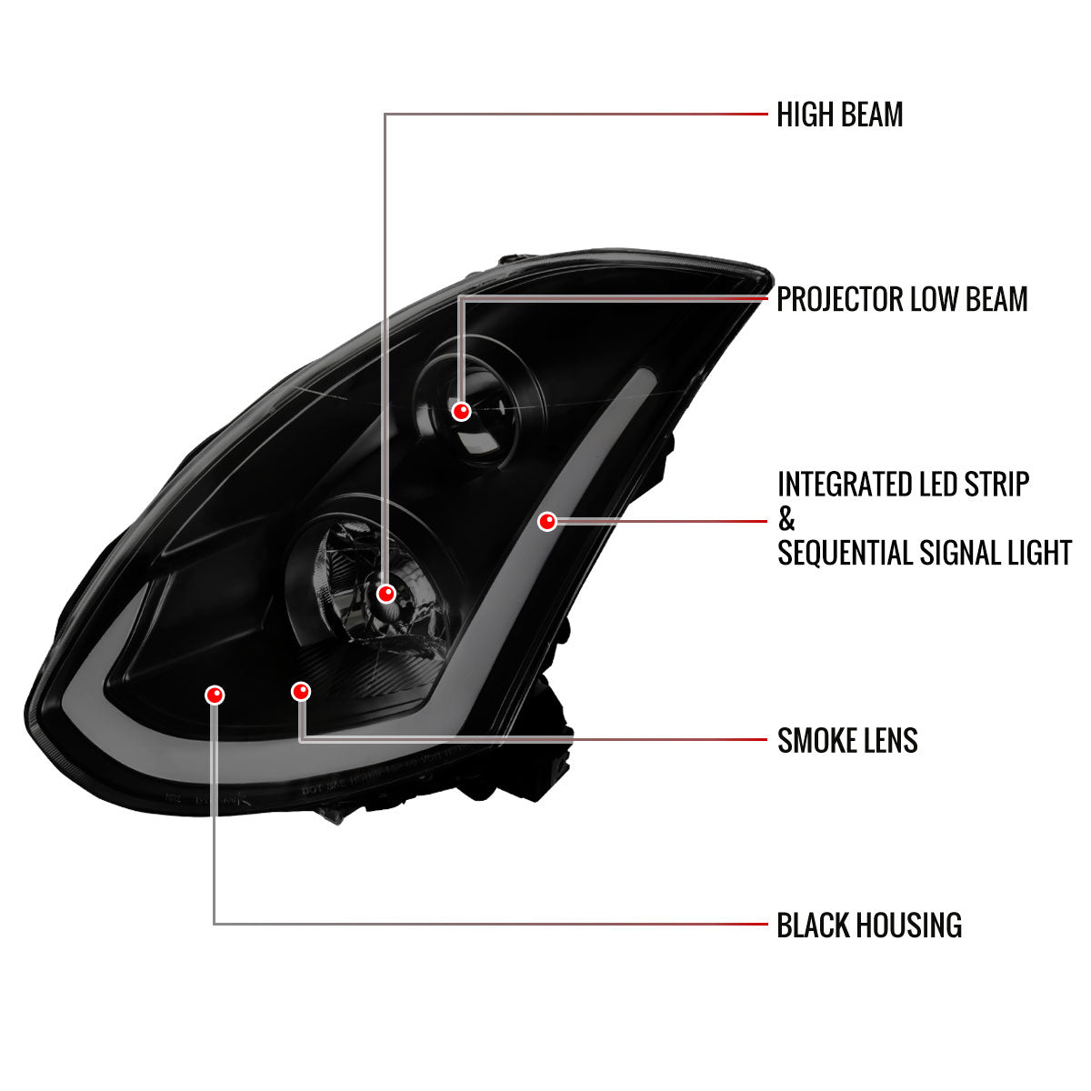 Black Smoke Spec-D LED Sequential Headlights for G35 Coupe 2003-2007 - Black Housing/Black Lens - Competition Use,