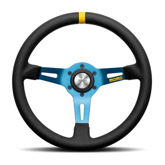 MOMO MOD.08 330 Diam 88 Dish Blk Leather Blue Spokes 1 Stripe