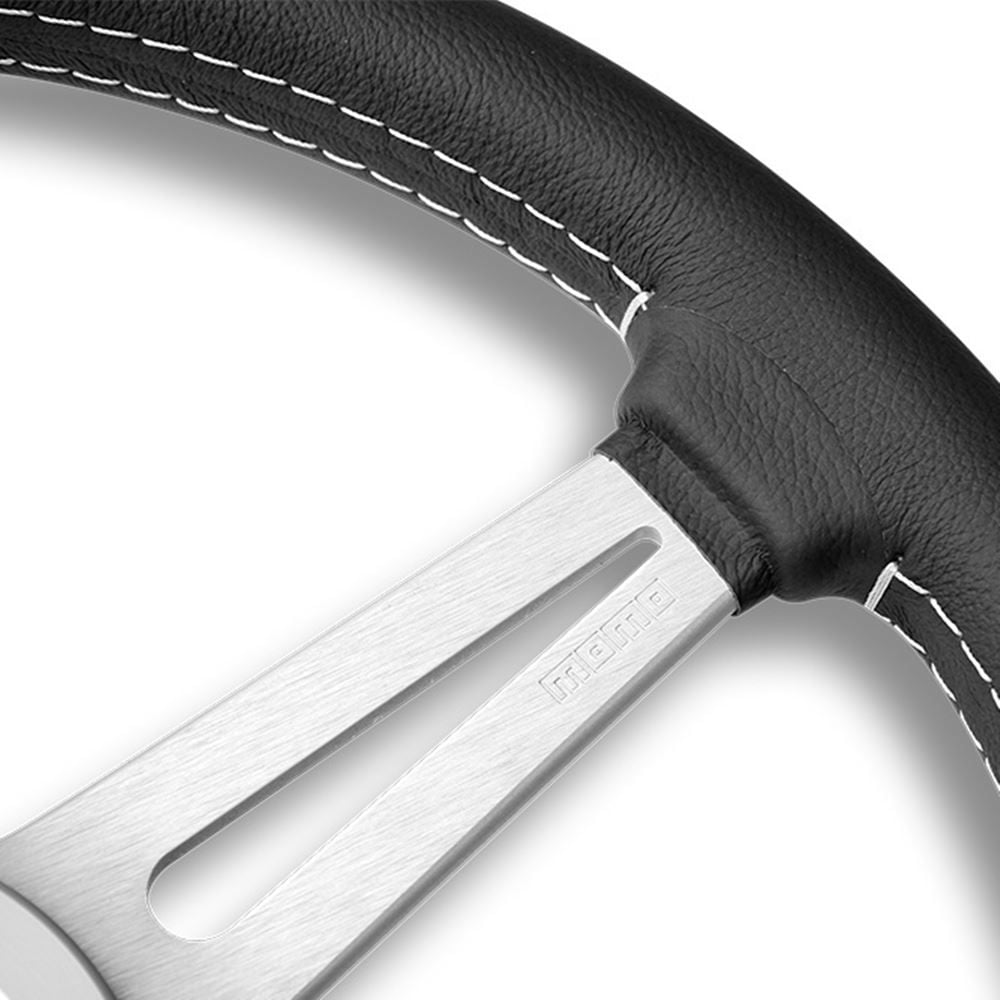 Momo Retro Steering Wheel 360 mm - 4 Black Leather/Wht Stitch/Brshd Spokes