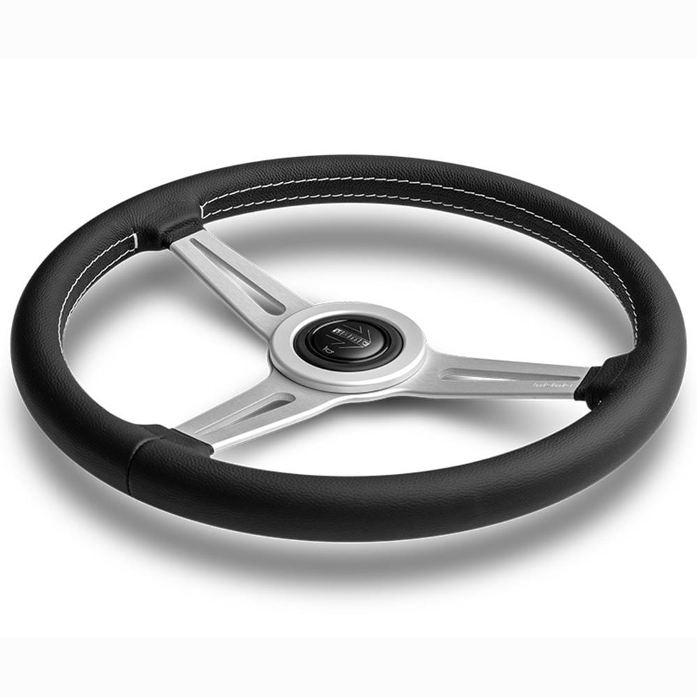 Momo Retro Steering Wheel 360 mm - 4 Black Leather/Wht Stitch/Brshd Spokes