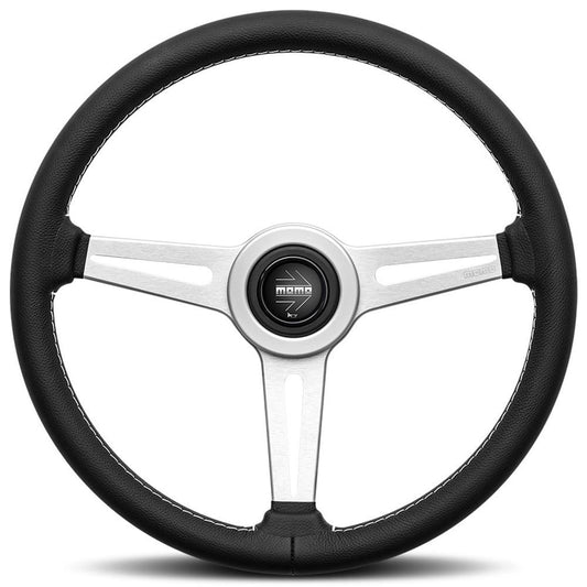 Momo Retro Steering Wheel 360 mm - 4 Black Leather/Wht Stitch/Brshd Spokes