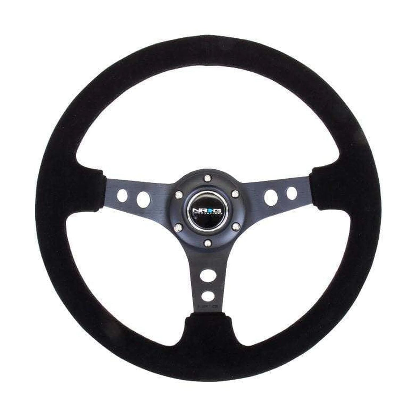 NRG Reinforced Steering Wheel (350mm / 3in. Deep) Blk Suede/Blk Stitch w/Black Circle Cutout Spokes