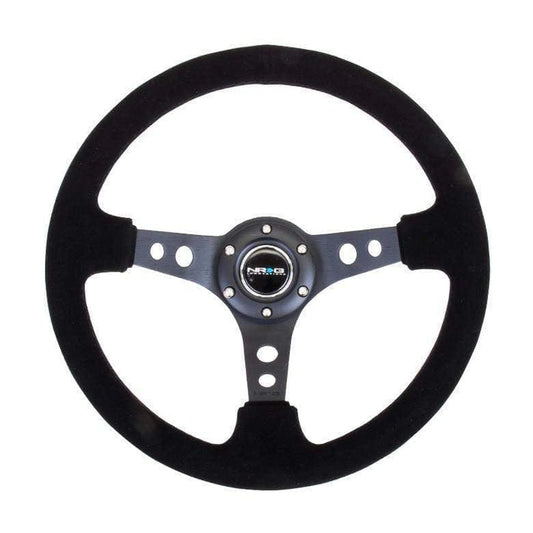 NRG Reinforced Steering Wheel (350mm / 3in. Deep) Blk Suede/Blk Stitch w/Black Circle Cutout Spokes