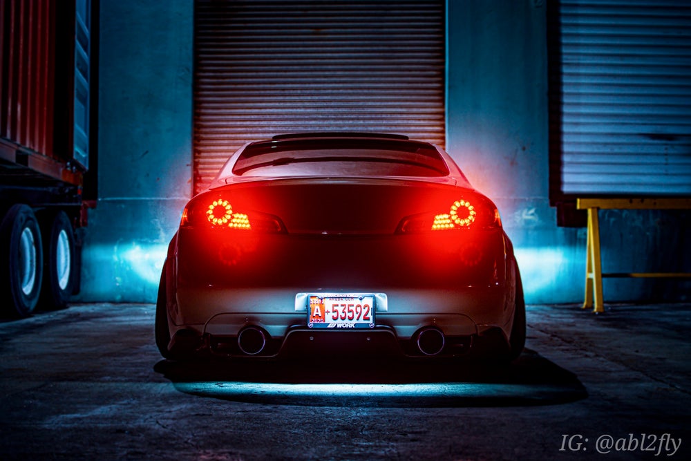 Crazy Bright LED License Plate Lights - 350z, 370z, Cosmetic, Coupe, Discount $10 sleek dark sports car illuminated