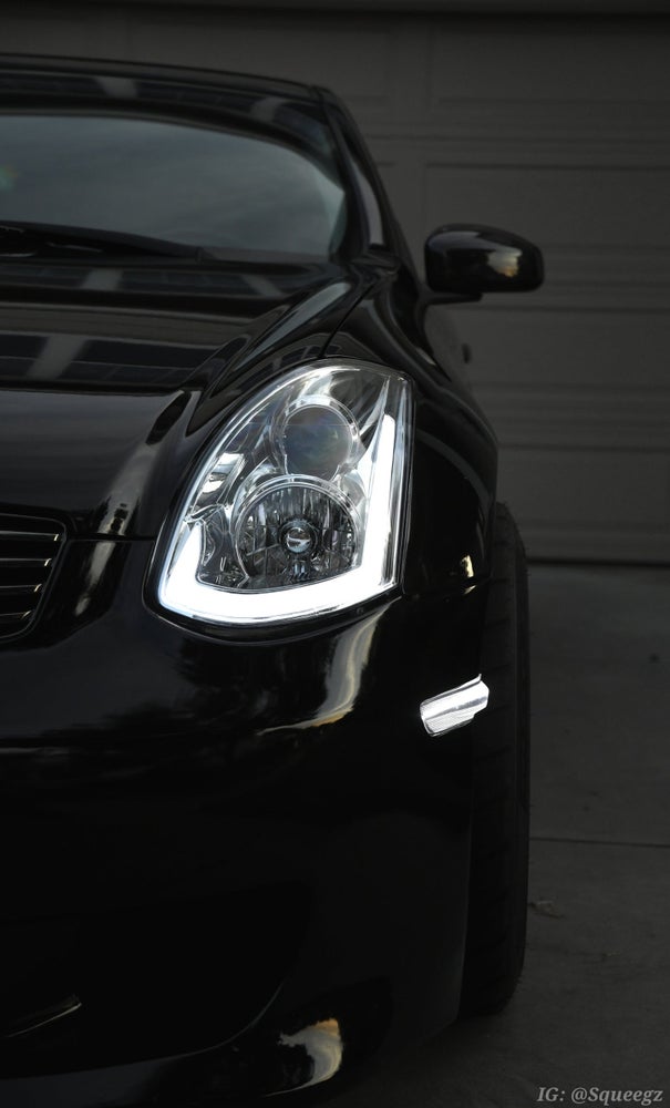 G35 Coupe Clear Sequential White LED Side Markers - Competition Use, Cosmetic, Coupe, Discount $10, G35 black car