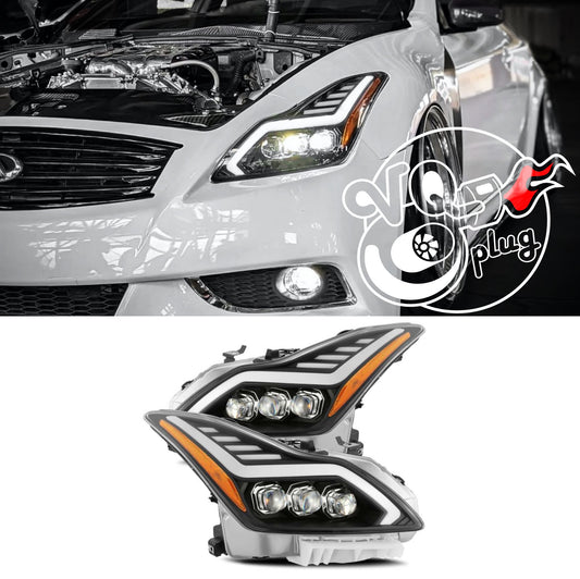 AlphaRex 08-13 Infiniti G37 Coupe SD NOVA LED Proj Headlights Plank Gloss Blk w/Activ Light/Seq Sig